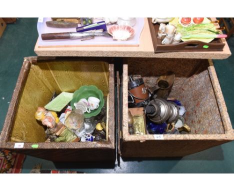 Two boxes inc. vintage 19th century 'Vaseline' small oil lamp, 1930's pressed glass, pottery horse models, brass ewer, white 