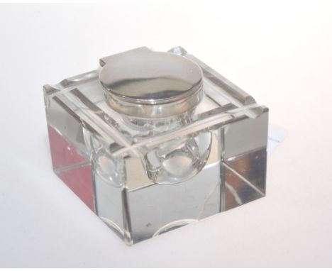 A silver topped Deco style glass inkwell, Birmingham 1931