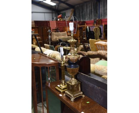 A columnar table lamp; tog. with a gilt metal table lamp cast with scrolls and acanthus leaves