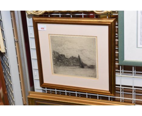 Arthur B Waller, boats moored in an estuary, etching, signed and dated 1918, framed
