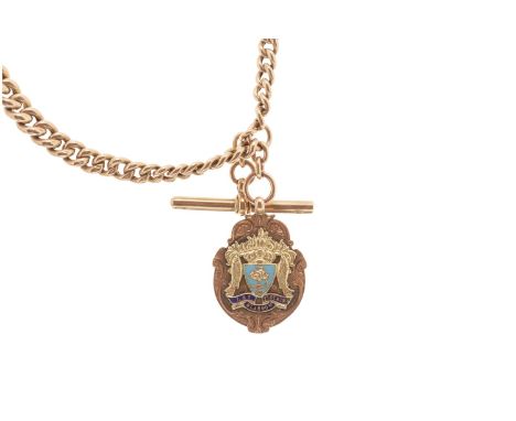 NINE CARAT GOLD DOUBLE ALBERT CHAIN the graduated curb links each marked 9c, with Glasgow medal, the overlaid yellow gold mot