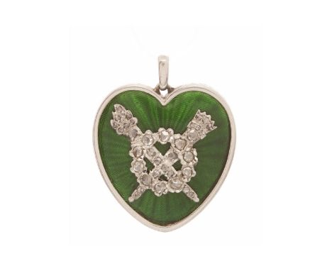 CARTIER EARLY TWENTIETH CENTURY DIAMOND AND ENAMEL PENDANT of heart motif form, with green machined enamelled to the front wi