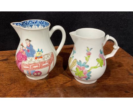 A Worcester Conjurer pattern sparrow beak jug, decorated in polychrome with two Chinese figures at a table with an attendant 