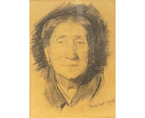 Flora Lion (1880 - 1958)Portrait of Mrs H Lionsigned, dated 1903, paper label to verso for Society of Portrait Painters, penc