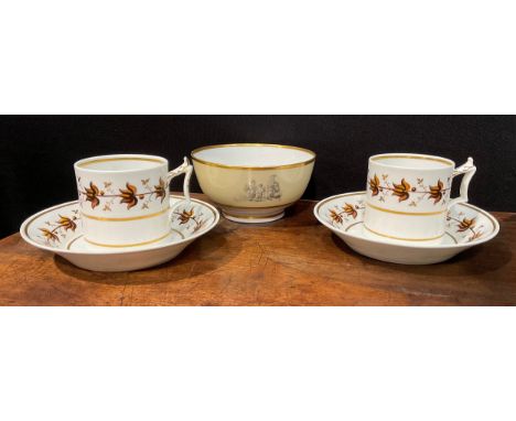 A pair of Flight Barr coffee cans and saucers, painted with a band of stylised brown leaves, banded gilt rings; a Barr Flight