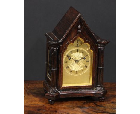 A George/William IV Gothic Revival rosewood bracket clock, of small almost carriage proportions, 8cm gilt engine turned dial 