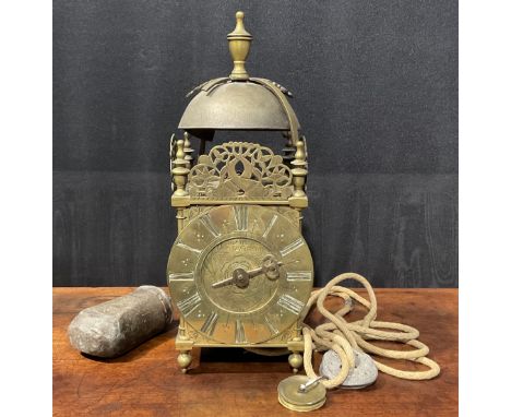 A 17th century brass lantern clock, 16cm brass dial inscribed R Witter?, Over Whittacre fecit, Roman numerals, single hand, t