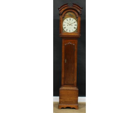 A George III oak longcase clock, 30.5cm arched painted dial inscribed Brown &amp; Son, Bingham, Roman numerals, subsidiary se