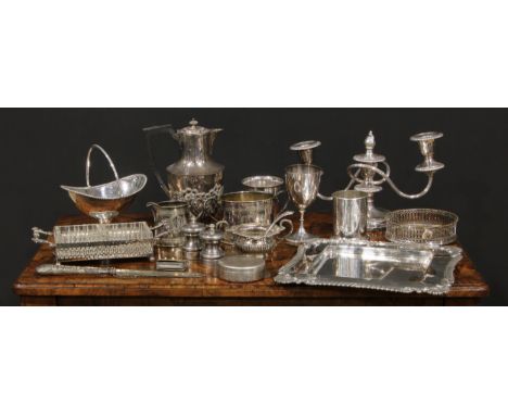 Silver Plated Ware - a pair of pepper grinders; a Communion pyx; a sugar basket; a wine coaster; a French beaker; a two-light