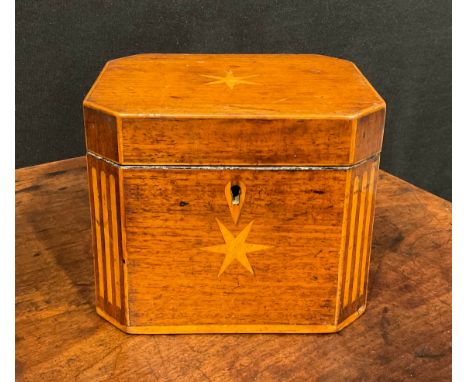 A GIII canted rectangular mahogany tea caddy, the cover and front inlaid with a six pointed star within three stop flutes to 