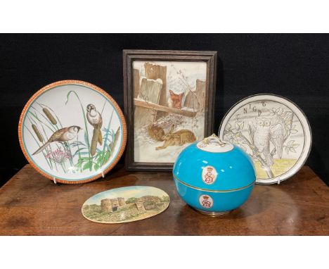 A Minton's Aesthetic Movement circular dish, painted in muted tones of green and grey with an owl perched on a branch, monogr