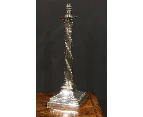 A late Victorian/Edwardian Neo-Classical Revival silver Corinthian column table lamp, square base with gadrooned border, 48cm