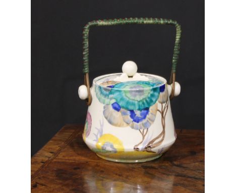 A Clarice Cliff Bizarre Biscaria pattern biscuit barrel and cover, painted with green and blue trailing flowers, wicker handl