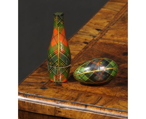 A Scottish tartan ware bottle shaped needle case, 9cm long, c.1890; an egg shaped thimble case, 6cm long, enclosing a silver 