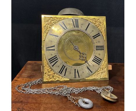 A George II longcase clock movement, 25.5cm square brass dial inscribed Thomas Tomkins, Leominster, silvered chapter ring eng