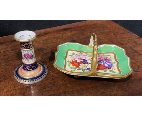 A Charles Bourne miniature candlestick, the column painted with flowers, cobalt blue borders, applied with gilt scrolls and f