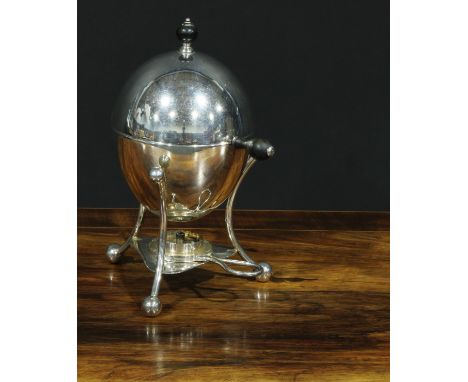 A Victorian E.P.N.S ovoid egg boiler, in the manner of Christopher Dresser, domed cover enclosing a four-section interior, tu