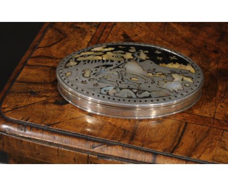 An 18th century silver, tortoiseshell and pique oval snuff box, stand-away hinged cover inlaid and picked out in mother of pe