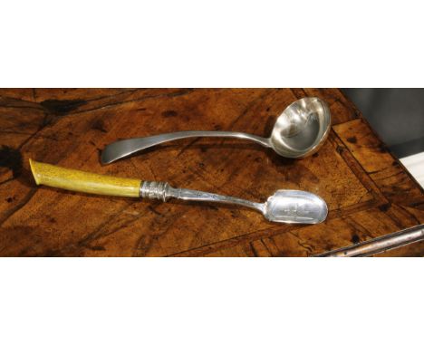 A George III silver Old English pattern sauce ladle, 18cm long, London 1805, 50g; a Victorian plated Stilton scoop, stag antl