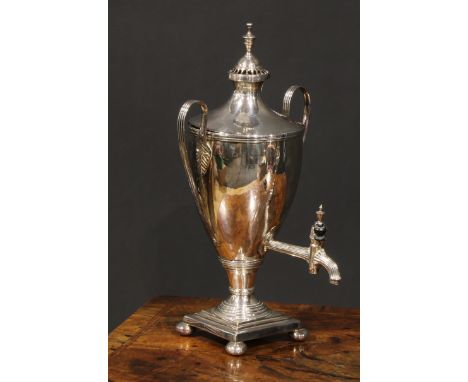 A George III Old Sheffield Plate Neo-Classical pedestal tea urn or samovar, lofty cover with pierced cresting surmounted by a