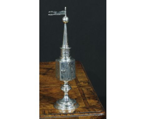 Judaica - a Russian silver Jewish spice tower, engraved with flowers within hatched borders, domed circular foot, 25.5cm high