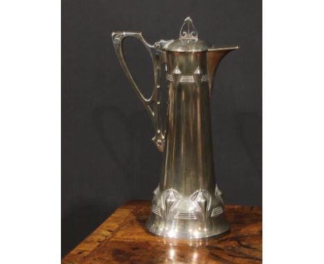 A W.M.F. Art Nouveau Jugendstil silver plated claret jug, Ginkgo design, of spreading cylindrical form, the hinged domed cove