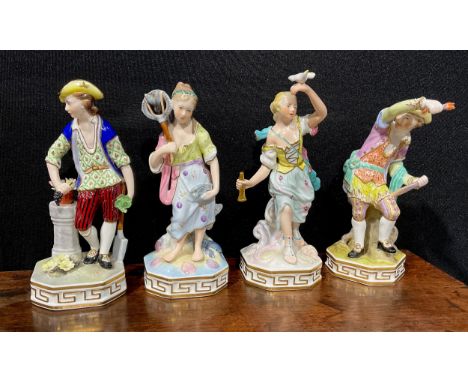 A set of four Samson Hancock figures allegorical of the elements, air with a bird and bugle, water with fish, earth with a ha