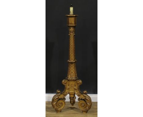 A Baroque Revival giltwood tripod floor lamp, scroll legs carved with acanthus, 136.5cm high under fitting 