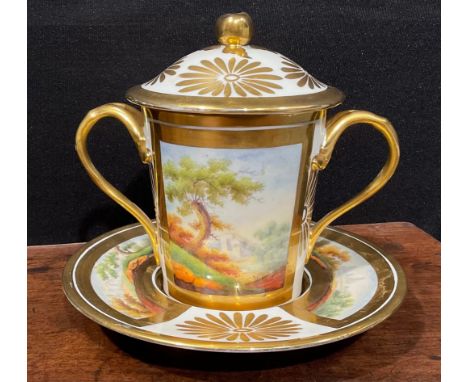 A 19th century Paris porcelain two handled covered chocolate cup and stand, the cup and saucer with panels painted with lands
