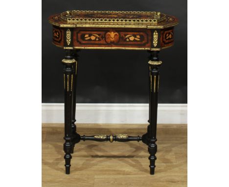 A 19th century gilt metal mounted amboyna, ebonised and marquetry jardiniere table, removable cover inlaid with a horticultur