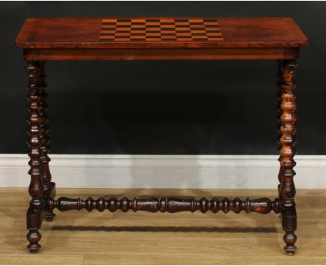 A Victorian walnut and parquetry rounded rectangular games table, crossbanded top inlaid for chess, bobbin-turned supports an