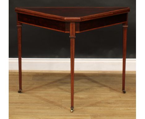 An unusual Sheraton Revival satinwood banded mahogany canted triform card table, hinged top enclosing an inset baize lined pl