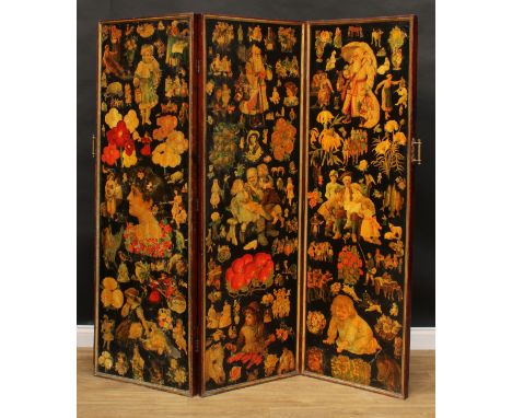 A late Victorian country house decoupage three-fold screen, 172cm high, each panel 57.5cm wide, c.1890 