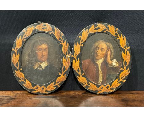 English school, 19th century, a pair, Alexander Pope (1688-1744) and John Milton (1608-1674), bust length, oil on paper laid 