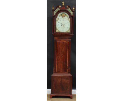 A George III Cumbrian mahogany longcase clock, 36cm arched dial inscribed W. Muncaster, Whitehaven, Roman numerals, subsidiar