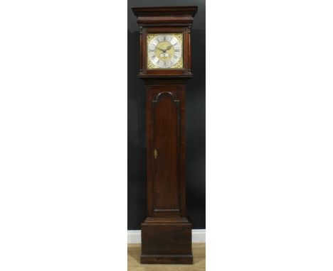 A George I/II oak Derbyshire longcase clock, 27cm square brass dial with silvered chapter ring inscribed Tantum, Loscoe, Roma