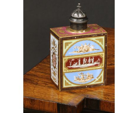 A Vienna rectangular tea caddy, decorated in polychrome in the Neo-Classical taste, associated silver cover, 12cm high, shiel