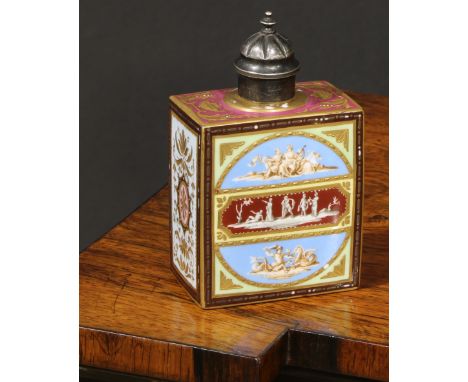 A Vienna rectangular tea caddy, decorated in polychrome in the Neo-Classical taste, associated silver cover, 12cm high, shiel