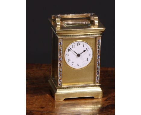 A French gilt brass and champleve enamel carriage timepiece, 4.5cm circular enamel dial inscribed with Arabic numerals, eight