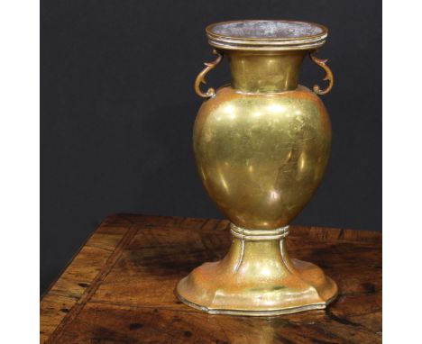 A Chinese gilt bronze flattened ovoid vase, scroll handles to shoulders, shaped base, 23cm high, 19th century 