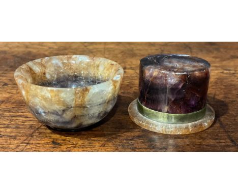 A Victorian Derbyshire Blue John miniature bowl, 3.5cm diameter; a Blue John patch box, as a top hat, 2cm high (2) 