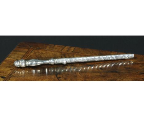 Judaica - a silver Shabbat candle lighter, wrythen shaft and pommel, sliding mechanism, 23.5cm long, marked Sterling 