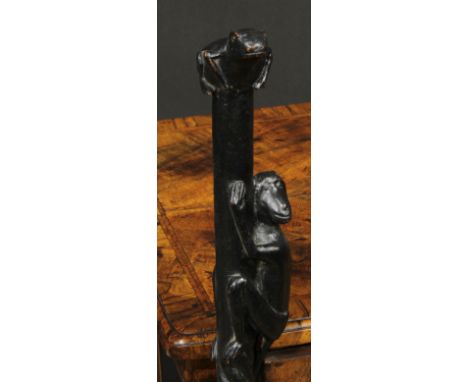 A 19th century folk art novelty snuff box walking stick, the pommel as a toad with hinged cover, the shaft carved with a monk