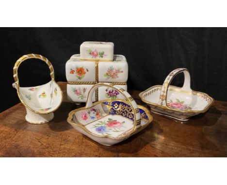 A Minton tea caddy and cover, in the manner of Christopher Dresser, in the form of a tea parcel, painted with flowers, gilded
