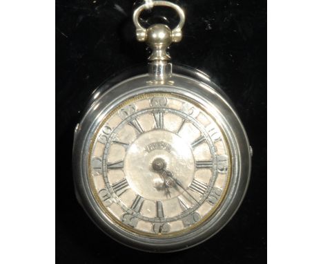 An 18th century silver pair case pocket watch, by William Post, London Bridge, 4cm silver dial chased with Roman and Arabic n