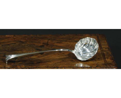 A George III silver Onslow pattern soup ladle, shell bowl, 35cm long,  London 1762 