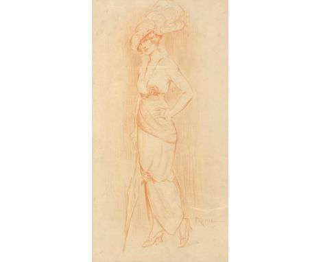 Fremie (French, early 20th century)Portrait of a Lady of Fashionsigned, red chalk drawing, 48cm x 25cm, Art Nouveau oak frame