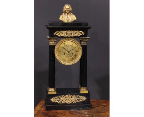 A Louis Philippe French ebonised and ormolu portico clock, the 12.5cm gilt brass dial with Roman numerals centred with flower