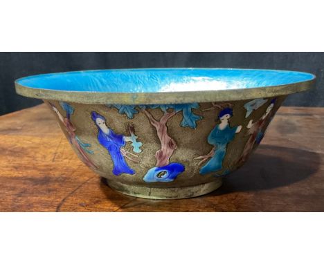 A Chinese enamel and silver coloured metal bowl of ogee form, decorated with figures in gardens, in tones of blue and brown, 