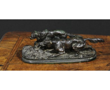 Pierre Jules Mene (1810 - 1879), after, a dark patinated bronze, of Hunting Dogs, signed in the maquette, oval base, 13.5cm w